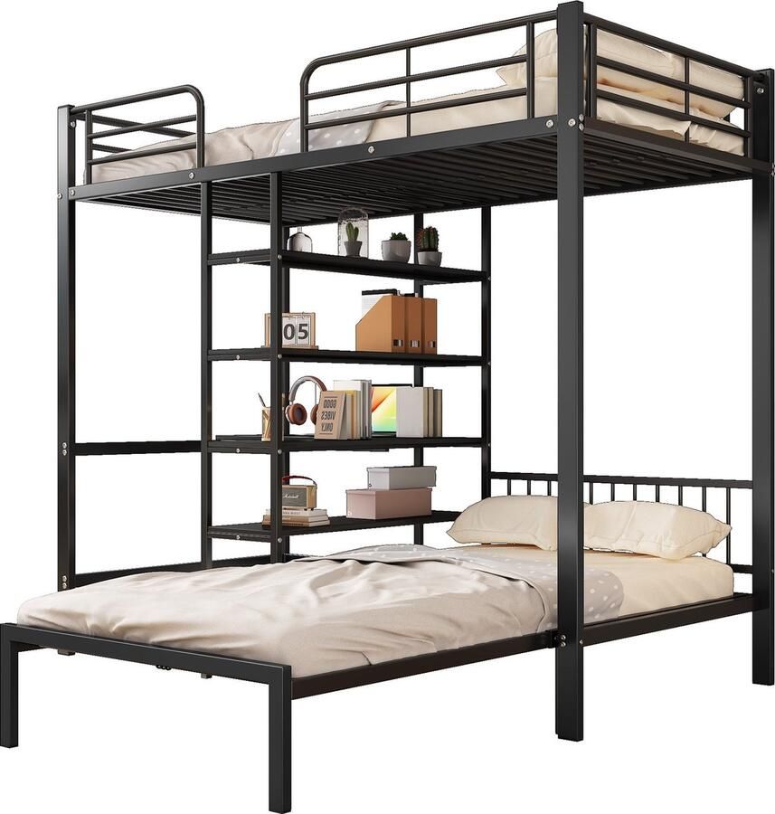 Merax Stapelbed met Tafel en Planken – Eisen Bedframe voor Kinderen en Jongeren Zwart 90x200 cm met Veiligheidsleuning en 5-Traps Ladder