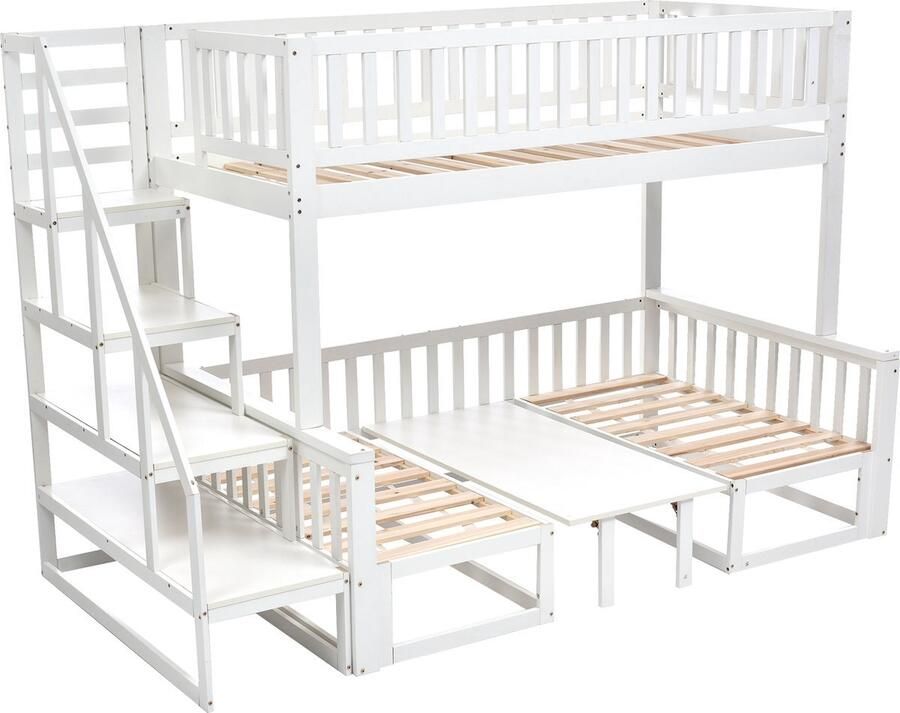 Merax Stapelbed met Trap 90x200 Hoogslaper met Extra bed 120x200 Bed met Verstelbare Zitplaats en Tafel Wit