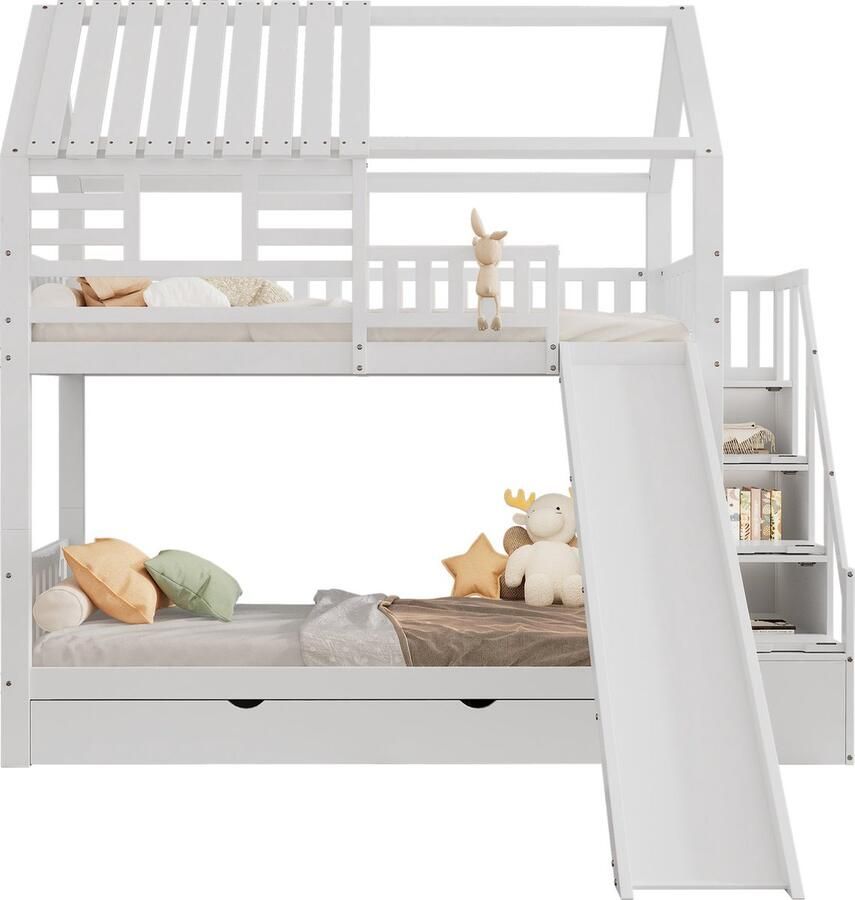 Merax Stapelbed met Treppe en Rutsche Bed in Huisvorm Met Opbergruimte in de Treppe Houten Frame Wit 90x200cm (2x)