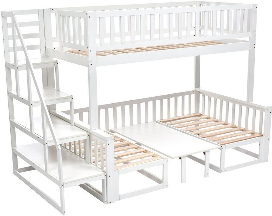 Merax Stapelbed met Treppe en Verstelbare Tafel Multifunctioneel Houten Bed met Sofa en Opbergruimte 90x200 cm & 120x200 cm Wit