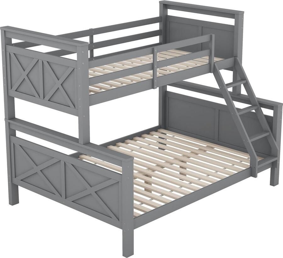 Merax Stapelbed met Tweepersoonsbed 140x200 cm en Eenpersoonsbed 90x200 cm Bed voor 3 Personen met Uitvalbeveiliging Grijs