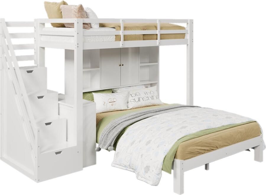 Merax Stapelbed met Tweepersoonsbed en Eenpersoonsbed met Kast Houten Kinderbed Hoogslaper met Opbergruimte Wit