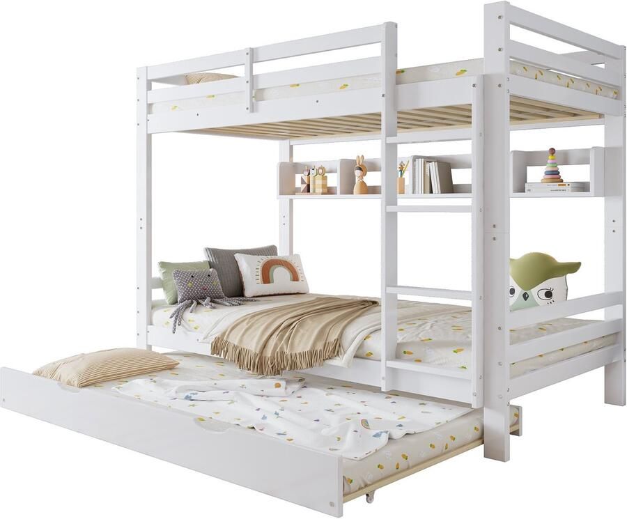 Merax Stapelbed met Uitrolbed en Opbergrekken Kinderbed van Massief Hout en MDF met Ladder en Stevige Lattenbodem Wit 90x200 cm