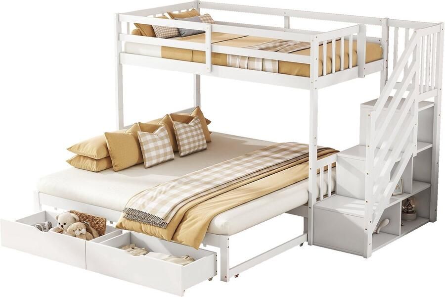 Merax Stapelbed met Uittrekbed en Opbergruimte – 90x200 cm – Bed inclusief Lattenbodem en 2 Lades – Wit – Kinderbed met Extra Slaapruimte