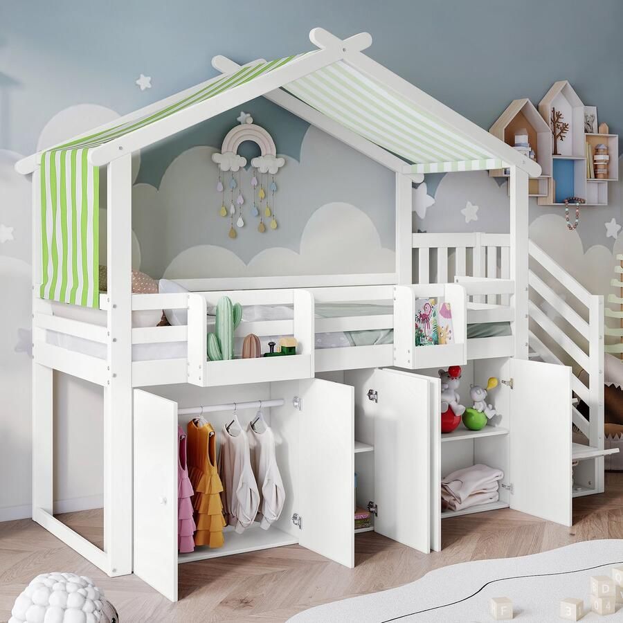 Merax Stapelbed met valbeveiliging kledingkast en locker 3 lockers op de trap witgroen 90x200 cm zonder matras