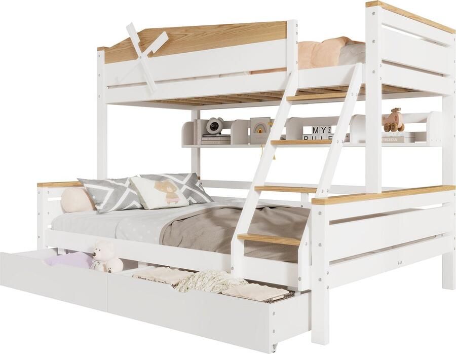 Merax Stapelbed met Windmolen en Opbergruimte – Kinderbed met Kleuraccenten Schuin Laddertje en Schubladen – Hout en MDF – Wit en Naturel – 90x200 cm & 140x200 cm
