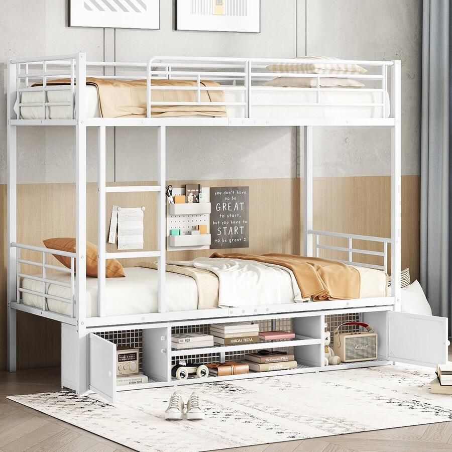 Merax Stapelbed Metaal 90x200 cm – Inclusief Schoenenrek & Kastjes – Wit – Kinderbed met Ladder en Opbergruimte – EN747 Veiligheid