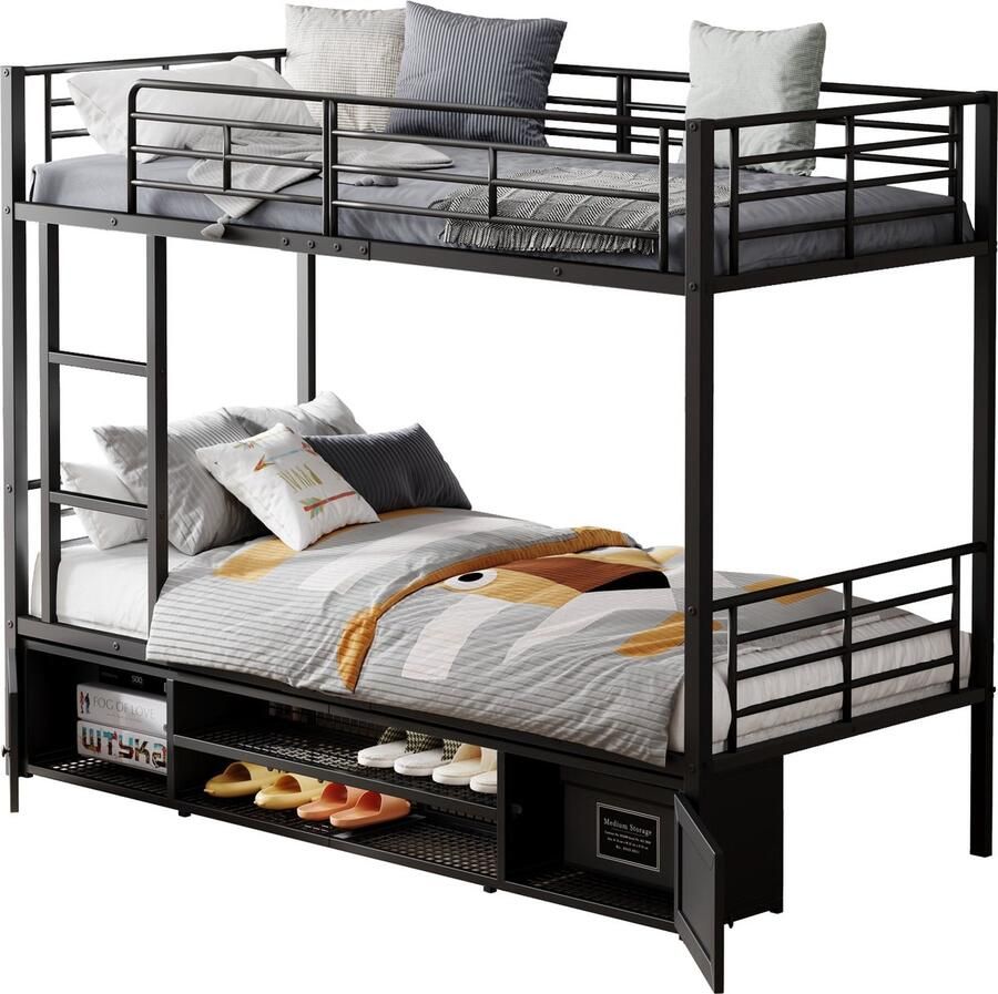 Merax Stapelbed Metaal 90x200 cm – Zwart – Kinderbed met Schoenenkast en Kastjes – EN747 Veilig – Ruimtebesparend Bed met Opbergruimte