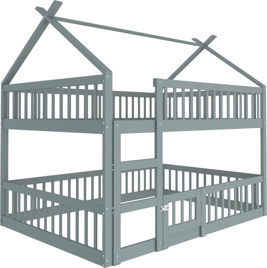 Merax Stapelbed of Hoogslaper 140x200 cm met 1 Lattenbodem en Ladder – Kinderbed met Massief Houten Frame – Grijs