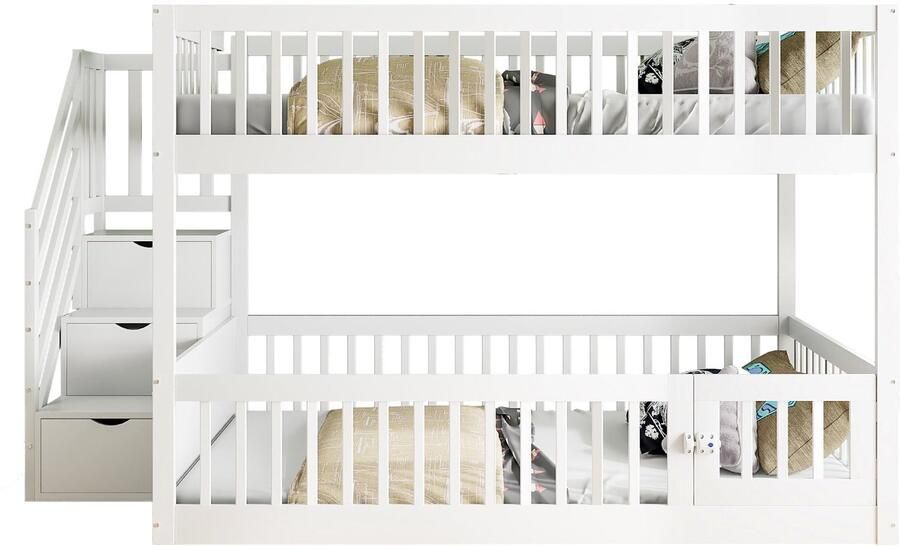 Merax Stapelbed 140x200 – Kinderbed met Trap – Schubladen – Veiligheidshek en Extra Speelruimte – Wit Houten Bed met Opbergruimte