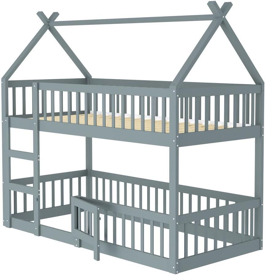 Merax Stapelbed of Hoogslaper 90x200 cm voor Kinderen – Massief Houten Huisbed met Trap – Grijs Bedframe met Veiligheidshek en Open Deurtje – Bed Jongens en Meisjes - Foto 2