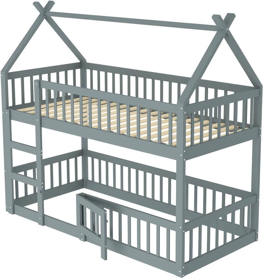 Merax Stapelbed of Hoogslaper 90x200 cm voor Kinderen – Massief Houten Huisbed met Trap – Grijs Bedframe met Veiligheidshek en Open Deurtje – Bed Jongens en Meisjes - Foto 3