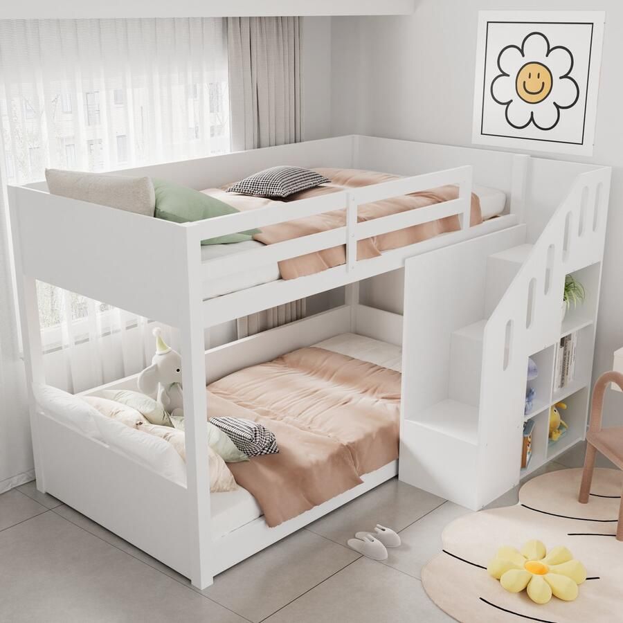 Merax Stapelbed tweepersoonsbed kinderbed met trap en kluisje stabiele leuning zonder matras 90x200 cm wit