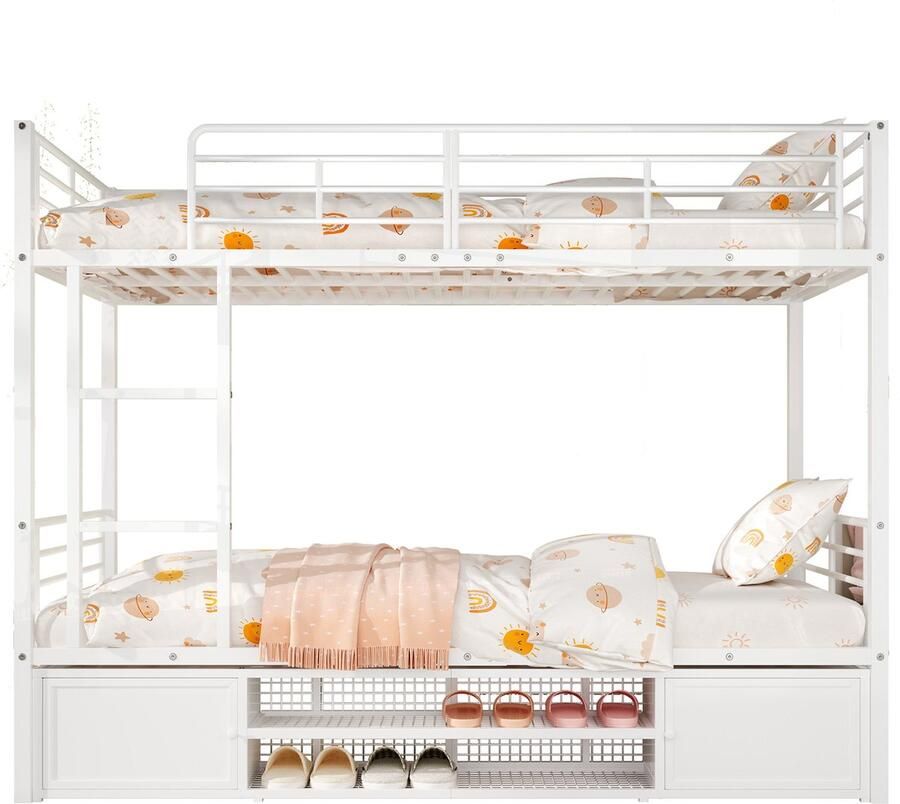 Merax Stapelbed Metaal 90x200 cm – Inclusief Schoenenrek & Kastjes – Wit – Kinderbed met Ladder en Opbergruimte – EN747 Veiligheid - Foto 2