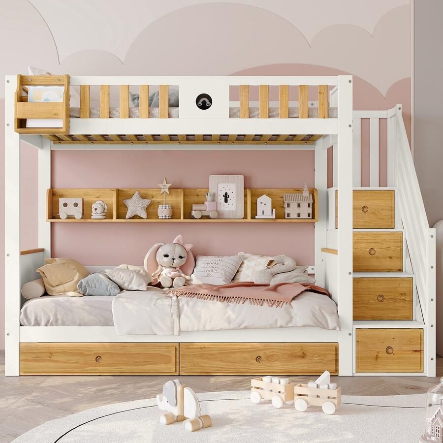 Sweiko Kinderbed Stapelbed met Trap Ruime Opbergruimte Grenen en medium density fiberboard frame babywieg met 4 opbergkasten op de trap anti valrooster en 2 lades open plank Wit+Natural 90x200cm (Geen matras)