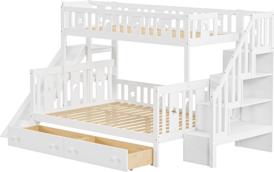 Merax Stapelbed voor 3 Kinderen met Tweepersoonsbed 140x200 cm en Hoogslaper Eenpersoonsbed 90x200 cm Massief Houten Bed met Opberglades en Glijbaan Wit