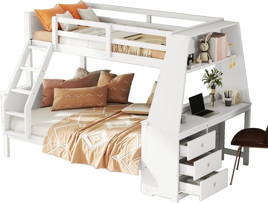 Merax Stapelbed voor 3 Personen 90x200 cm en 140x200cm met Uitvalbeveiliging Kinderbed met Bureau en Opbergruimte Wit