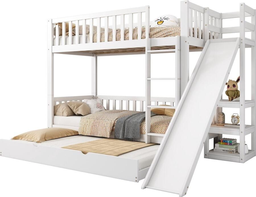 Merax Stapelbed voor 3 Personen 90x200 cm met Extra Uittrekbaar Bed 90x190 cm Kinderbed met Veiligheidshek Glijbaan en Planken Wit