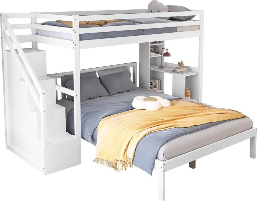 Merax Stapelbed voor 3 Personen Hoogslaper 90x200 cm met Tweepersoonsbed 140x200 cm Bed met Opbergruimte en Uitvalbeveiliging Wit