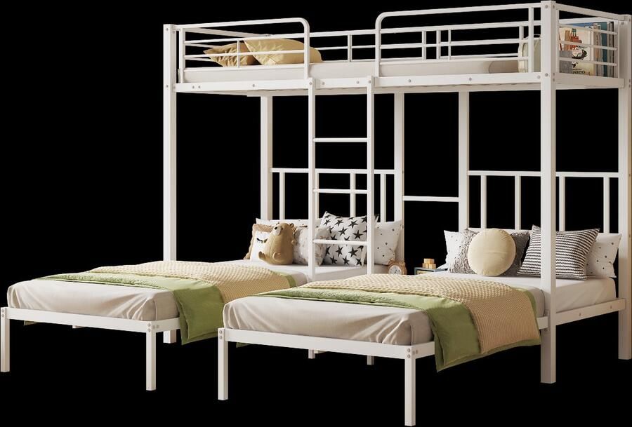 Merax Stapelbed voor 3 Personen met Metalen Frame Inclusief Ladder Tafel en Veiligheidshekken Wit 90x200 cm