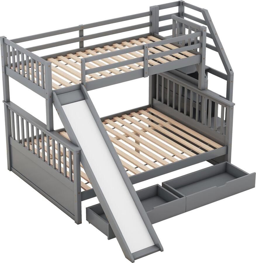 Merax Stapelbed voor 3 Personen met Opbergruimte Eenpersoonsbed 90x200 met Glijbaan en Tweepersoonsbed 140x200 met Lades Grijs