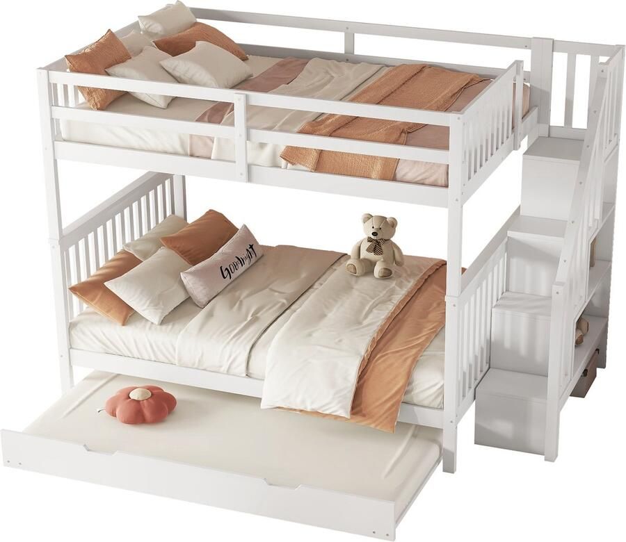 Merax Stapelbed voor 5 Personen met 2 Tweepersoonsbedden 140x200 cm en Extra Uitschuifbaar Bed 90x190 cm Hoogslaper met Trap en Uitvalbeveiliging Wit