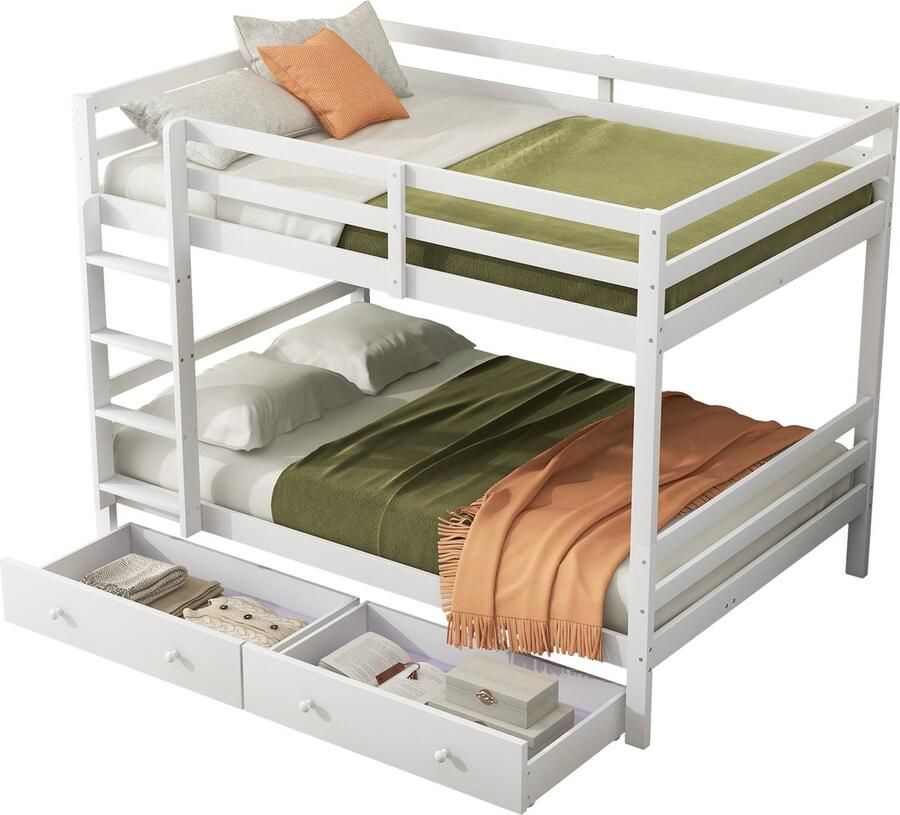 Merax Stapelbed voor Kinderen 140x200 cm Tweepersoonsbed met 2 Opberglades Hoogslaper Bed met Uitvalbeveiliging Wit