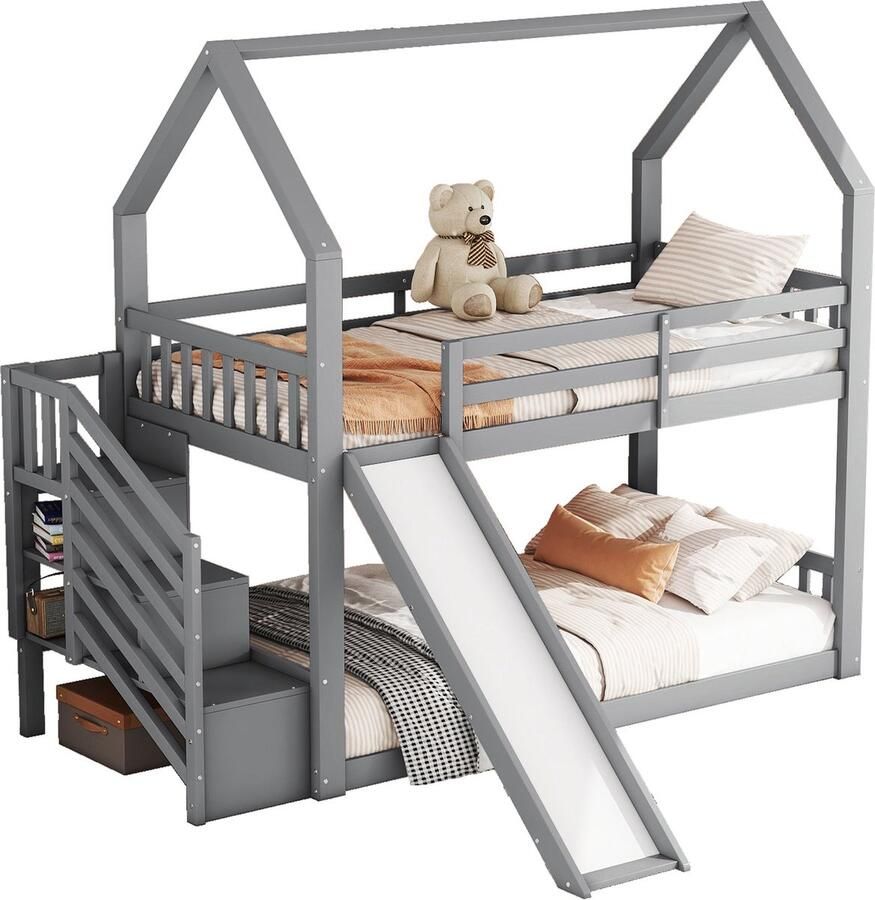 Merax Stapelbed voor Kinderen 90 x 200 cm – Bed in Huisvorm met Rutsche en Opbergruimte – Grijs