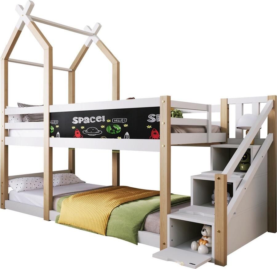 Merax Stapelbed voor Kinderen 90x200 cm Boomhut Hoogslaper Bed met Uitvalbeveiliging en Opbergruimte Wit met Naturel Hout Bruin