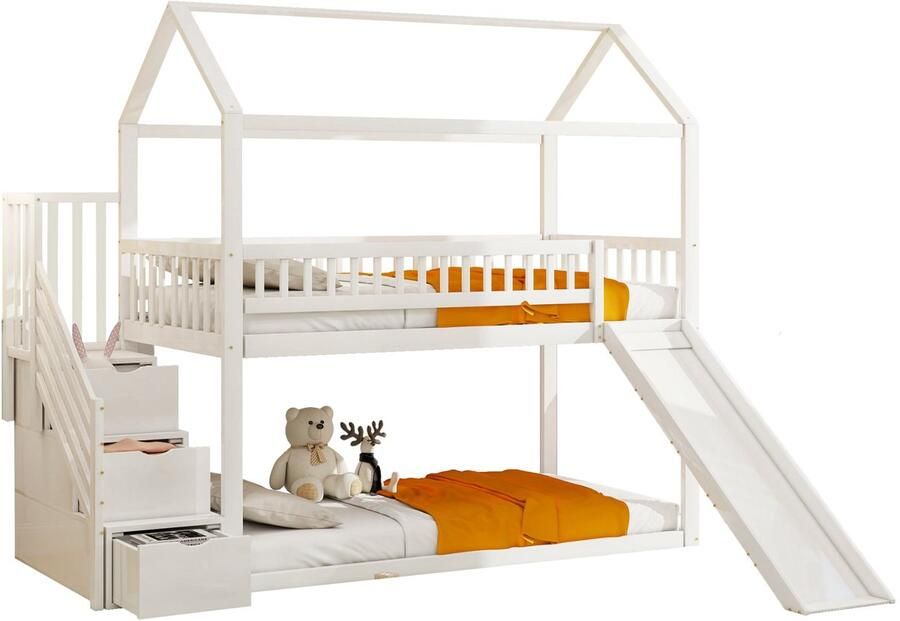 Merax Stapelbed voor Kinderen 90x200 cm Hoogslaper met Glijbaan en Opbergruimte in Trap Massief Houten Bed met 1 Lattenbodem Wit