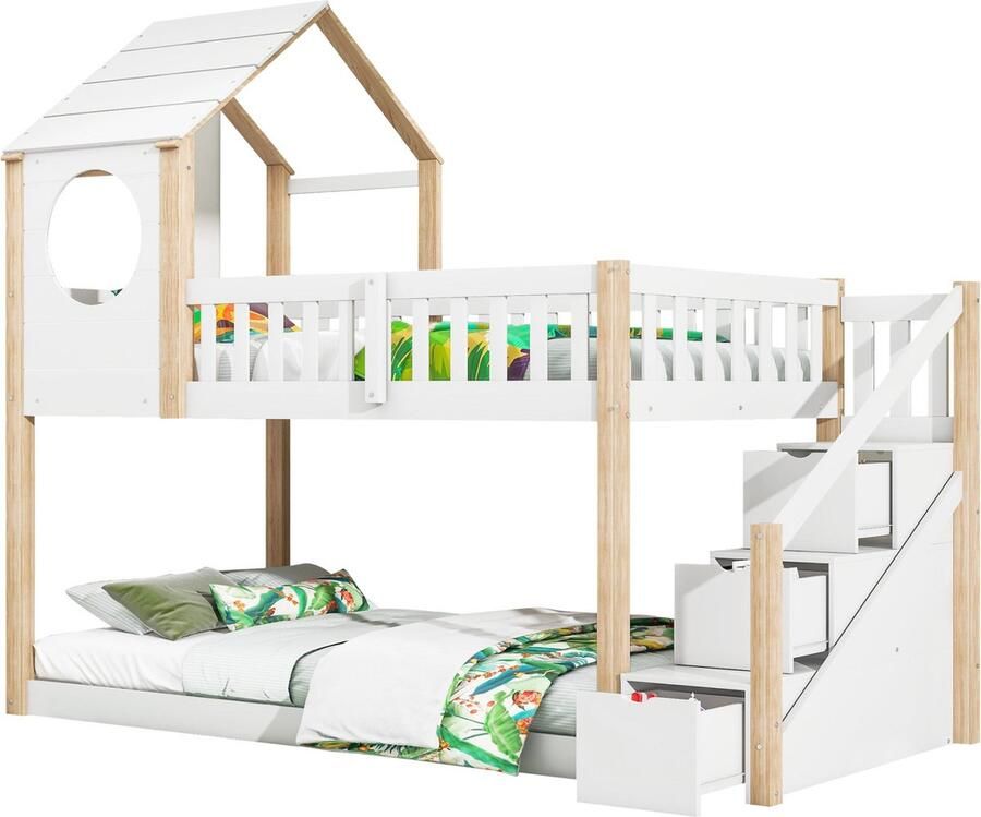 Merax Stapelbed voor Kinderen 90x200 cm Houten Huisbed Hoogslaper met Uitvalbeveiliging en Opbergruimte- Kinderbed met Trap Bed Wit met Naturel Hout Bruin