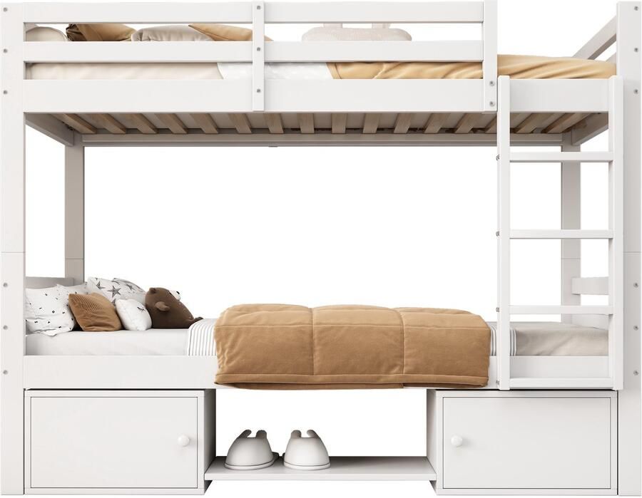 Merax Stapelbed voor Kinderen 90x200 cm Houten Kinderbed met Opbergruimte en Schuifladen Verdeelbaar in 2 Losse Bedden Wit