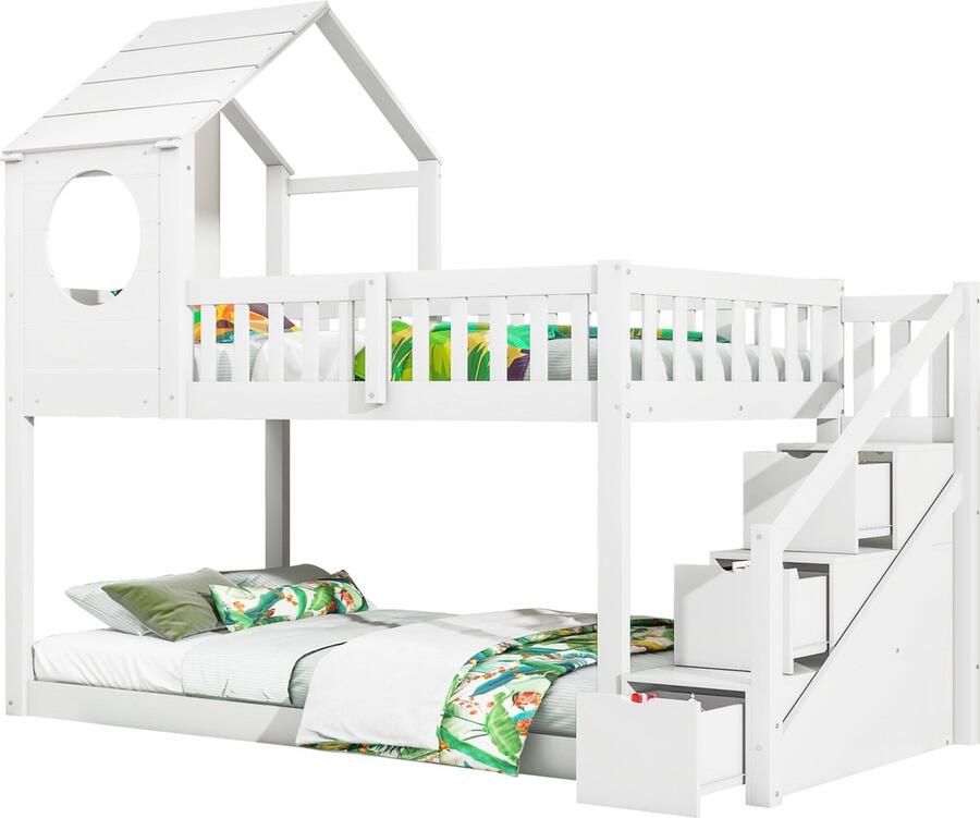 Merax Stapelbed voor Kinderen 90x200 cm Huisbed met Raam en Dak Kinderbed met Opbergruimte en Uitvalbeveiliging Wit