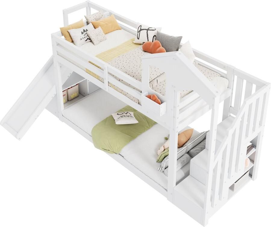 Merax Stapelbed voor Kinderen 90x200 cm Inclusief Rutschbaan Trap met Opbergruimte Lades en Lattenbodem Massief Hout Wit