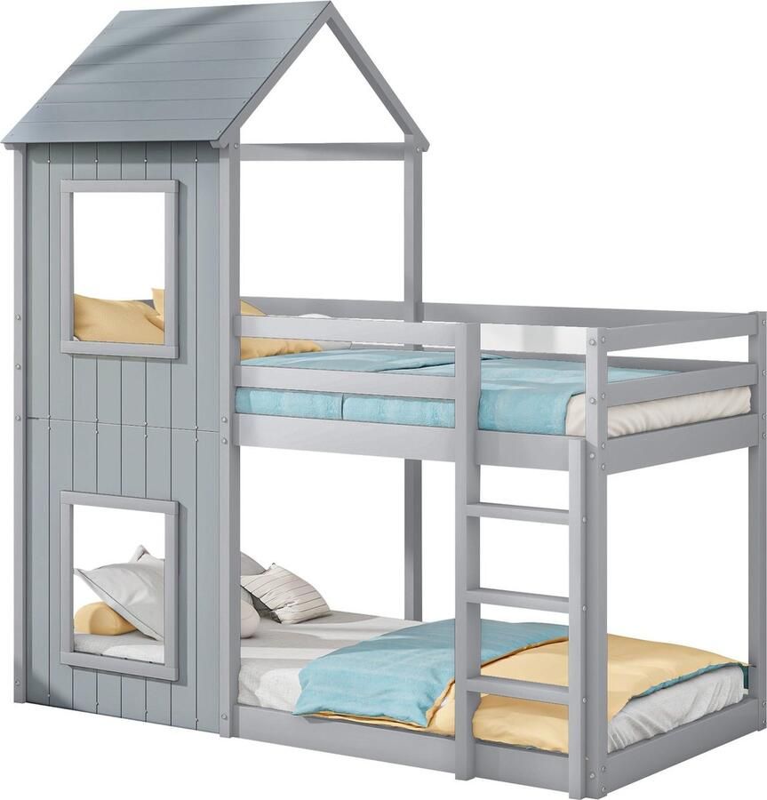 Merax Stapelbed voor Kinderen – 90x200 cm Bed in Huisvorm met Ladder en Baldakijn Bodemlaagse Hoogte Massief Hout Grijs