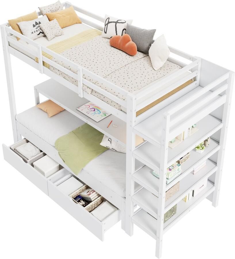 Merax Stapelbed voor Kinderen 90x200 cm met Bureau Opberglades en Opbergrek Massief Hout Wit