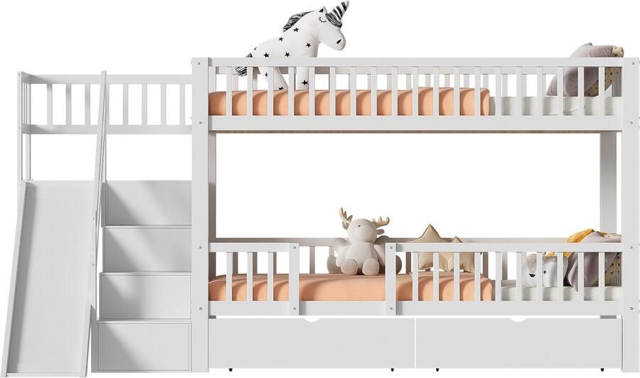 Merax Stapelbed voor Kinderen 90x200 cm Multifunctioneel Kinderbed met Glijbaan en Trap 2 Opberglades Magnetische Deur Massief Hout Wit