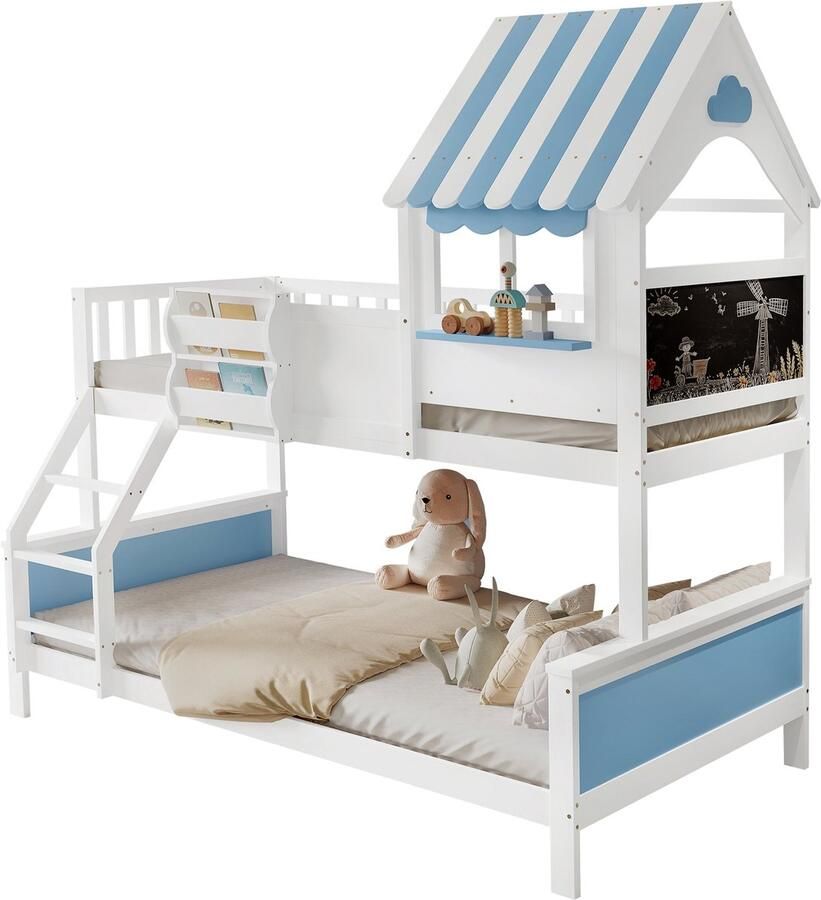 Merax Stapelbed voor Kinderen – 90x200 & 120x200 cm – Met Opbergruimte Doodle-bord & Houten Lattenbodem – Speels Design met Ramen – Blauw Wit – FSC Gecertificeerd