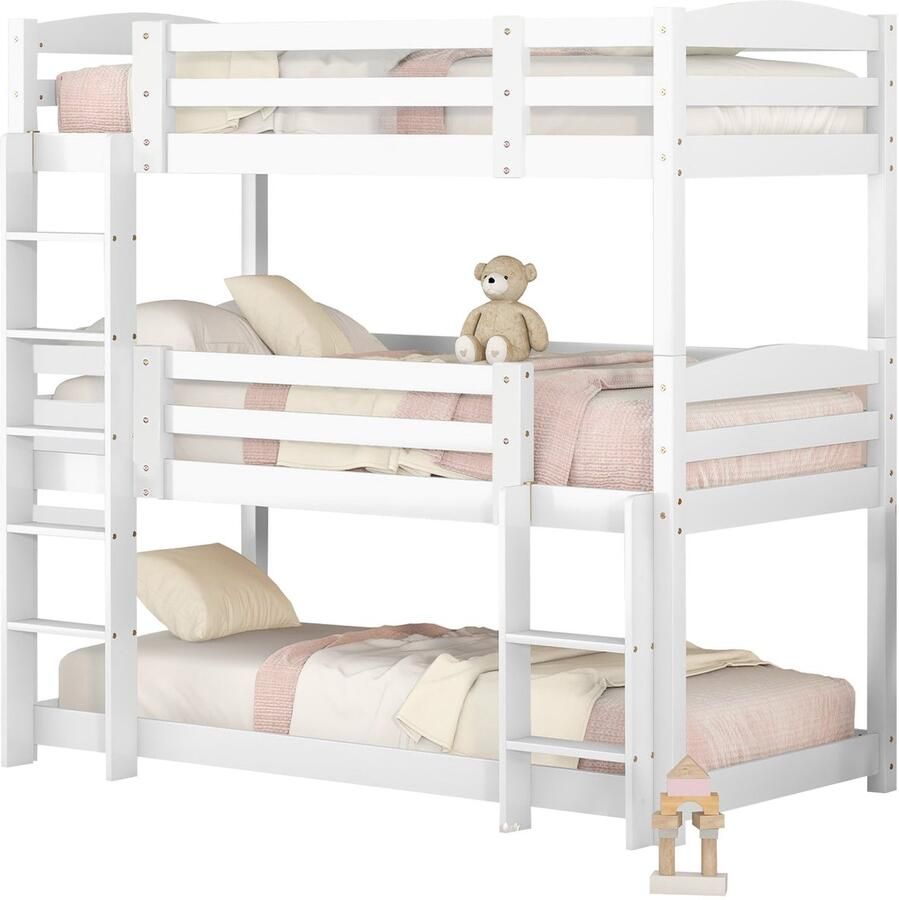 Merax Stapelbed voor Kinderen 90x200 Houten Driepersoons Stapelbed Zonder Matras Wit