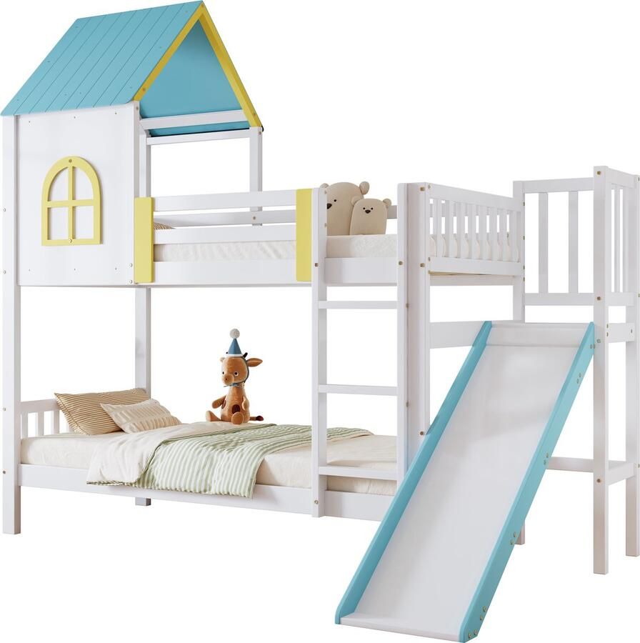 Merax Stapelbed voor Kinderen Bed in Huisvorm met Dak en Ramen Inclusief Rutsch en Veiligheidshekken Massief Hout en MDF 90x200cm Wit en Blauw