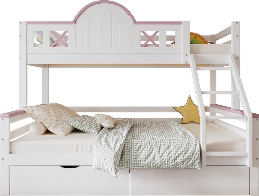 Merax Stapelbed voor Kinderen Bed met Raam en Veiligheidshek Eenpersoonsbed 90x200cm en Tweepersoonsbed 140x200cm Wit en Roze Inclusief Twee Lades en Viertraps Schuine Ladders