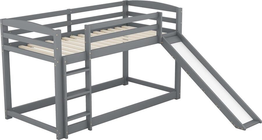 Merax Stapelbed voor Kinderen en Tieners 90x200 cm- Kinderbed met Glijbaan Bed met Massief Houten Frame Grijs