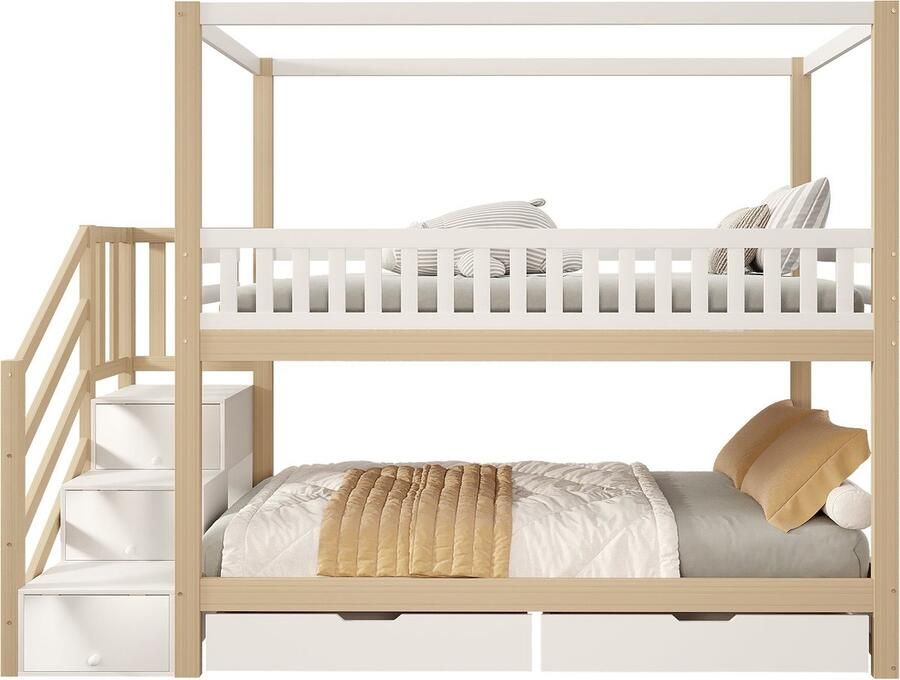 Merax Stapelbed voor Kinderen in Huisvorm 90x200 cm met 2 Lades – Massief Hout – Wit met Bruin – Bed met Veiligheidshek en Trap met Opbergvakken – Zonder Matras
