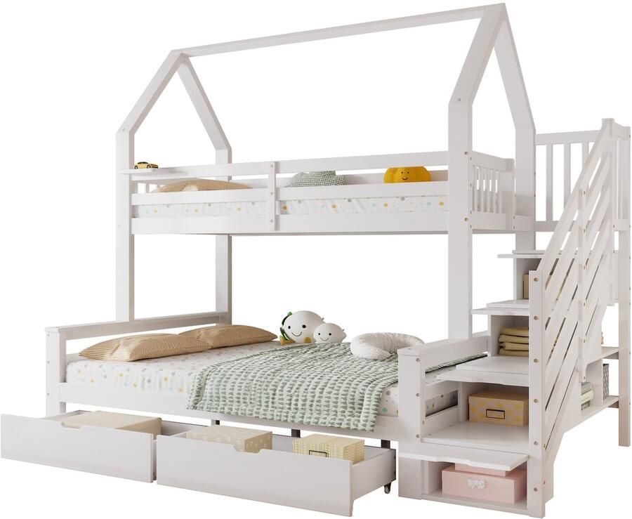 Merax Stapelbed voor Kinderen Kinderbed Twee Laden op Rollen Bed in Huisvorm Veiligheidshek Treppenkast Hout MDF Sperrholz Wit 90x200 cm & 140x200 cm