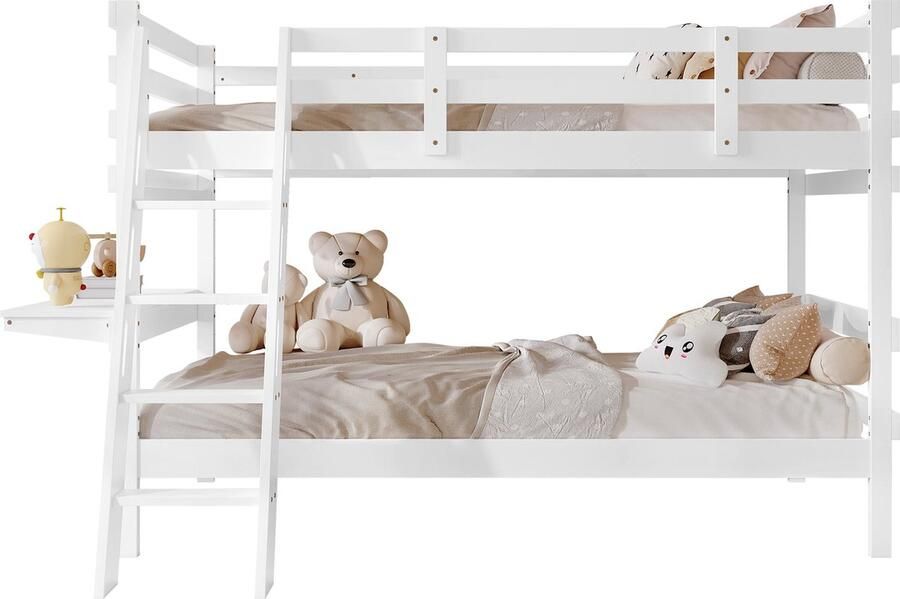 Merax Stapelbed voor Kinderen met Bureau Veiligheidshek en 4-Traps Ladder Wit 90x200 cm