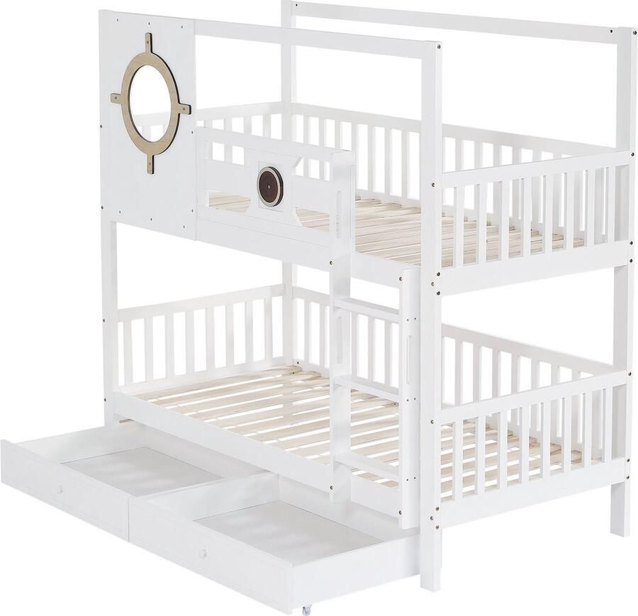 Merax Stapelbed voor Kinderen met Dak en Raam Veiligheidshekken Twee Onderbettschubladen Kieferhout + MDF Wit Natuur 90x200 cm