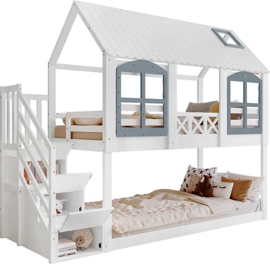 Merax Stapelbed voor Kinderen met Dak Ramen en Opberglades in Trap Wit+Grijs 90x200 cm