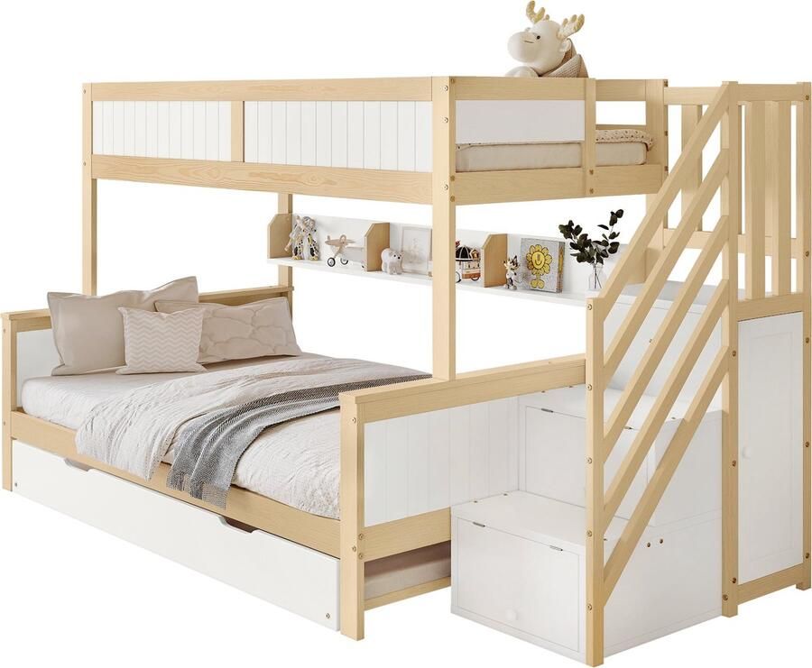 Merax Stapelbed voor Kinderen Eenpersoonsbed met Valbescherming Tweepersoonsbed met Extra Uittrekbaar Bed en Opbergruimte Wit & Natuurlijk Hout Bruin 90x200cm en 120x200cm - Foto 2