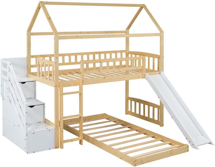 Merax Stapelbed voor Kinderen met Glijbaan en Trap Houten Kinderbed in Huisvorm Bed met Uitvalbeveiliging en Opbergruimte 90x200 cm Houtkleur Bruin met Wit