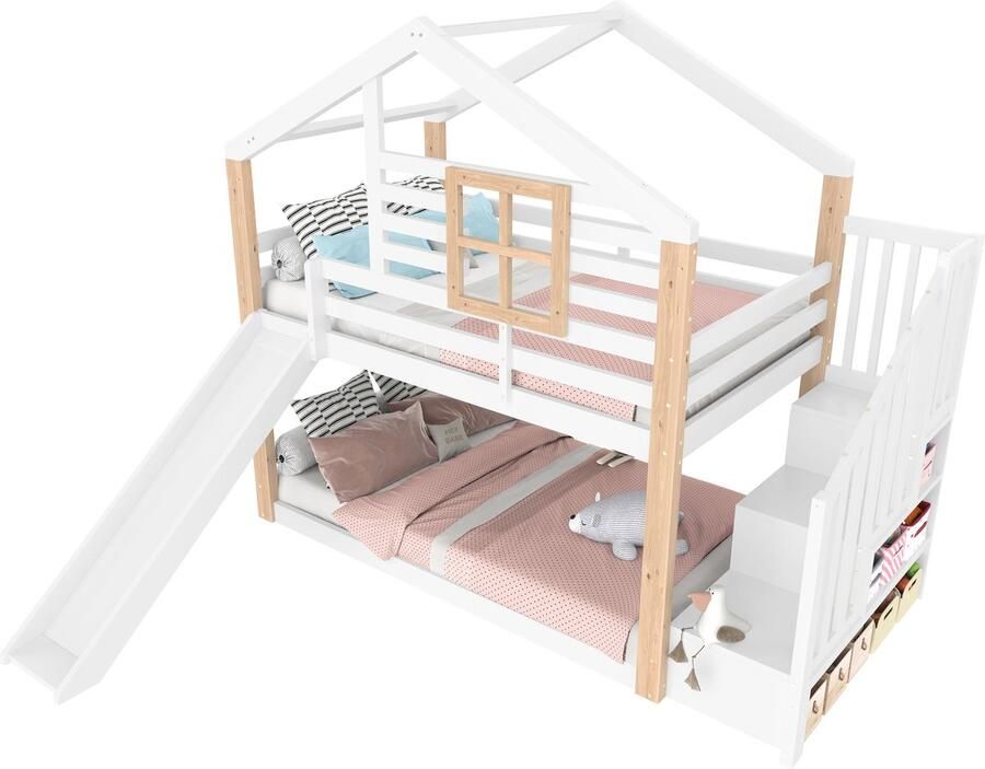 Merax Stapelbed voor Kinderen met Rutsche en Trap Scandinavisch Design Houten Constructie Veilig met Geländer en Opbergruimte Ideaal voor Broers en Zussen EN 747-1:2024 Gecertificeerd